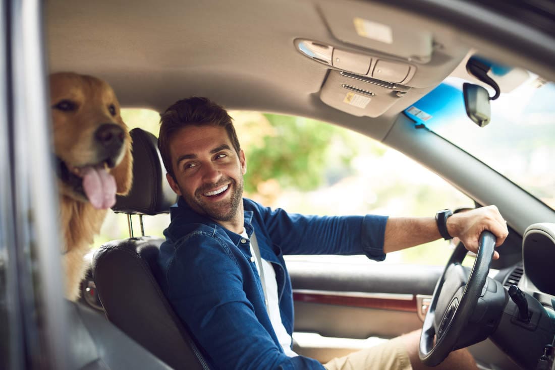 Man in car smiling at dog in back seat.